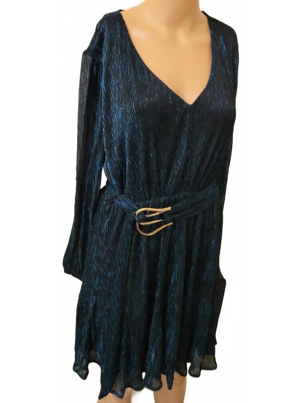 NERLEROLIAN Women's Blue V-Neck Shimmer Dress Belt XL